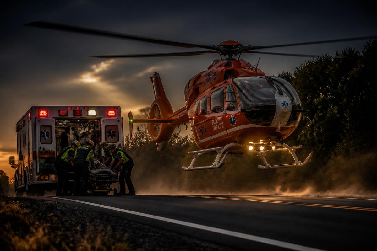 Medevac helicopter lifting off beside an ambulance